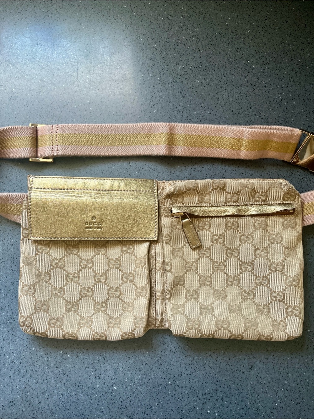 Gucci Beige Monogram Crossbody with Gold Leather Flap